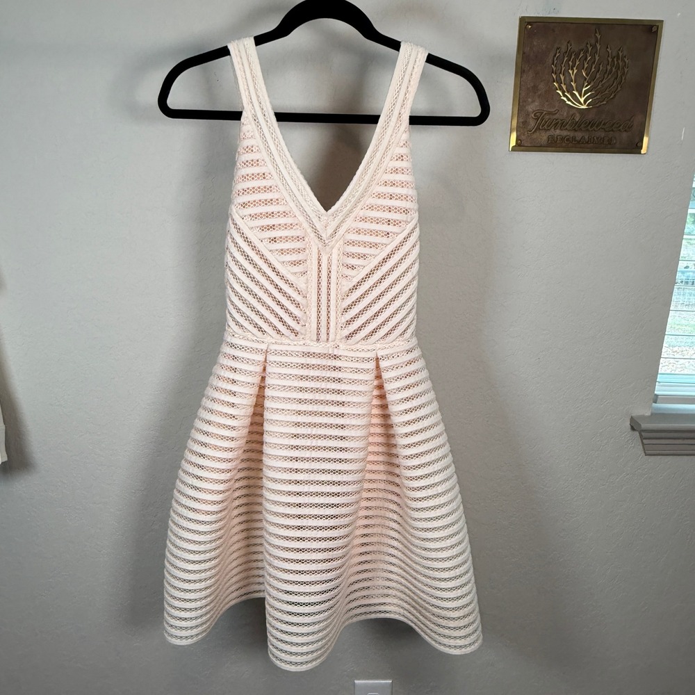 Maje Rayure Peach Pink Mesh Striped Fit and Flare Mini Dress V-Neck Size 1 S